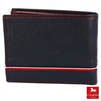Carteira masculina em pele preta com detalhes em fita tricolor e costuras vermelhas