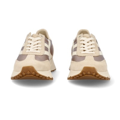 Ténis desportivos bege com detalhes castanhos e brancos