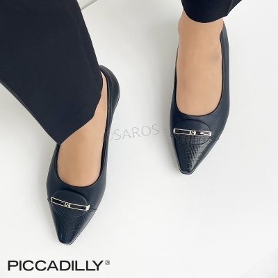 Sapatilhas rasas femininas pretas Piccadilly com biqueira texturizada e detalhe metálico