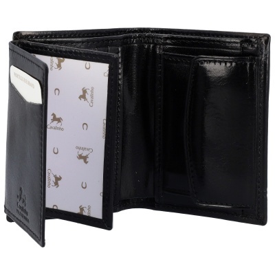 Carteira preta em pele aberta com compartimentos para moedas e cartões