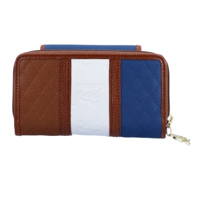 Carteira acolchoada castanho, azul e branco com zíper dourado