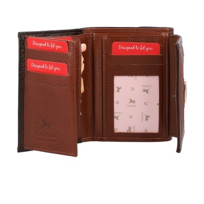 Carteira castanha em pele com vários compartimentos e etiquetas vermelhas