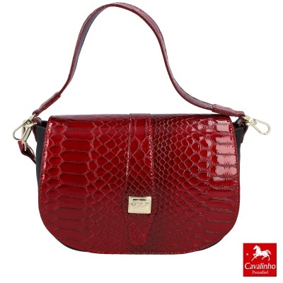 Mala de senhora vermelha Cavalinho com padrão pele de cobra e fecho metálico dourado