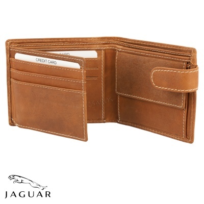 Carteira castanha de pele com múltiplos compartimentos e logo Jaguar