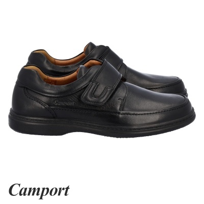 Sapatos masculinos pretos Camport com velcro e interior castanho.
