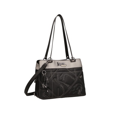 Mala tote preta e cinzenta com bordados e chaveiro Anekke