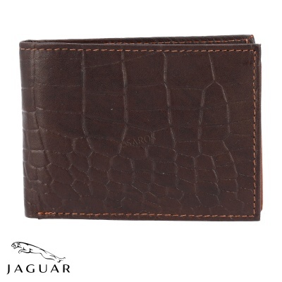 Carteira de pele castanha com padrão crocodilo e costuras laranja