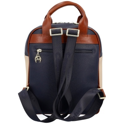 Mochila pequena azul escuro com detalhes castanho e bege, alças pretas ajustáveis e fecho dourado.