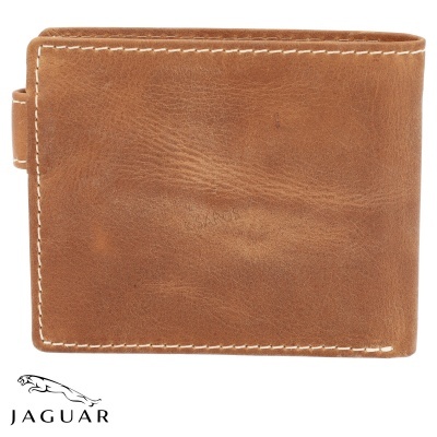 Carteira masculina castanha de pele com costuras brancas e logo JAGUAR.