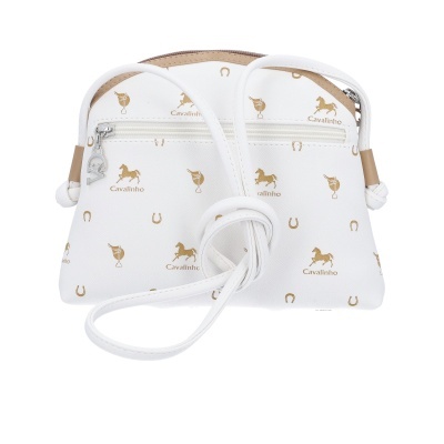 Bolsa pequena branca com padrão dourado Cavalinho e fecho zip
