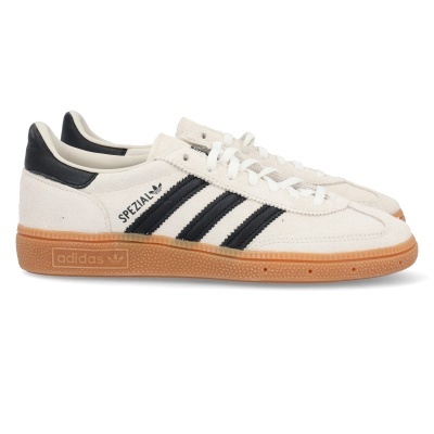 Ténis Adidas Spezia branco com riscas pretas e sola castanha