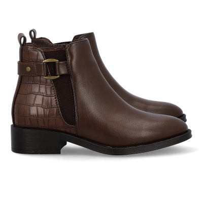 Botins castanhos com padrão imitação crocodilo e fecho metálico dourado