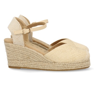 Sandálias de cunha bege com ráfia trançada e tira ao tornozelo