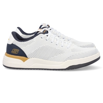 Ténis brancos e azul escuro com detalhes castanhos e logótipo S