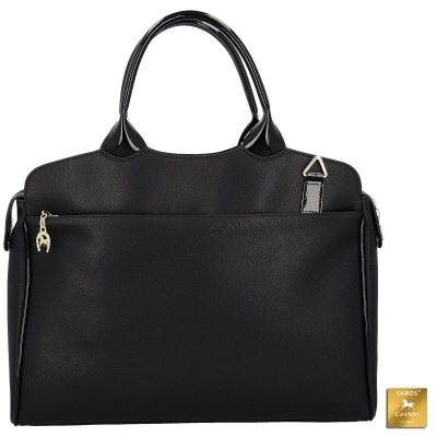 Mala preta com alças e fecho de correr dourado.