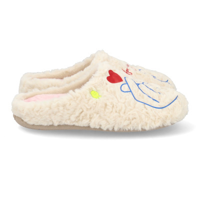 Pantufas felpudas bege com desenhos coloridos e sola bege