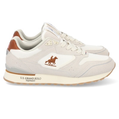 Sapatilhas bege e brancas U.S. Grand Polo com logo de cavaleiro e detalhes castanhos.