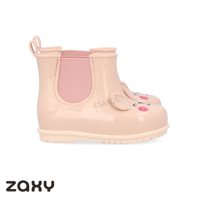 Botas infantis rosa com rosto de coelho e elástico lateral cor de rosa