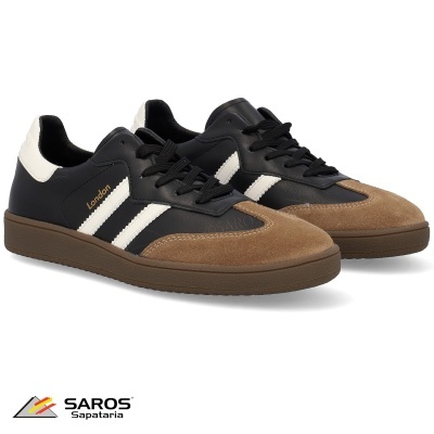 Sapatilhas London pretas com detalhes brancos e castanhos, sola castanha, cadarços pretos, logo SAROS Sapataria