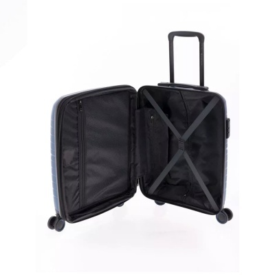 Mala de viagem rígida azul aberta com interior preto e rodas