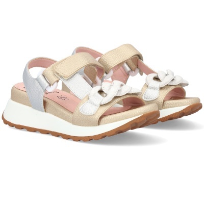 Sandálias de senhora bege com tiras ajustáveis e laços brancos