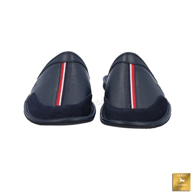 Chinelos masculinos azuis escuros com faixa vertical vermelha, branca e azul