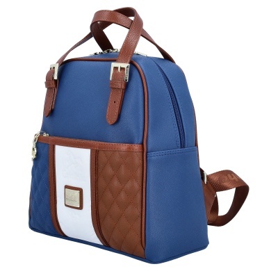 Mochila azul com detalhes castanhos e bolso frontal com padrão acolchoado