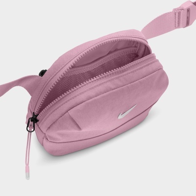 Bolsa de cintura rosa com zíper aberto e logo Nike prateado