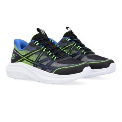 Ténis Skechers Slip-Ins preto, verde fluorescente e azul com sola branca