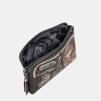 Carteira pequena com padrão decorativo, fecho de correr aberto