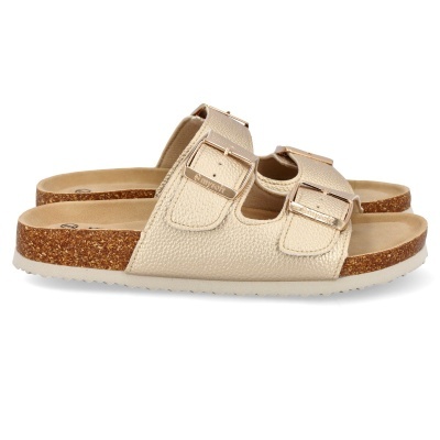 Sandálias bege com sola de cortiça e fivelas douradas