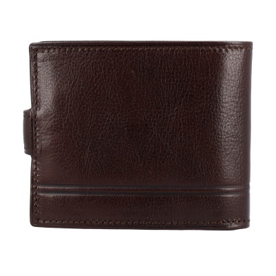 Carteira masculina em couro castanho escuro com textura lisa e costuras visíveis
