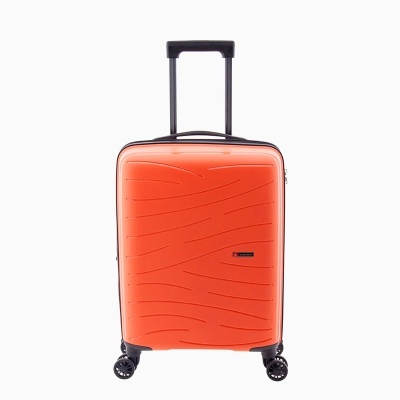 Mala de viagem rígida laranja com pega extensível e rodas