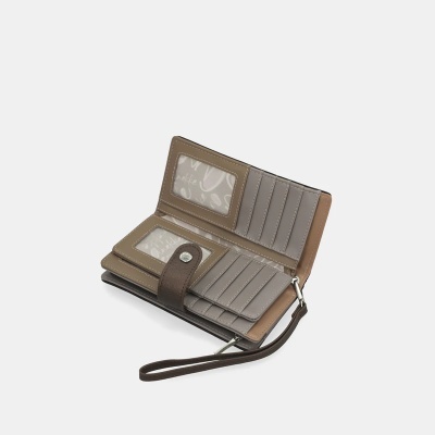 Carteira feminina castanha e bege com divisórias para cartões e alça de pulso