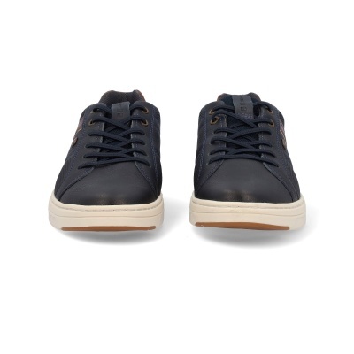 Sapatilhas masculinas pretas com sola branca e detalhes castanhos