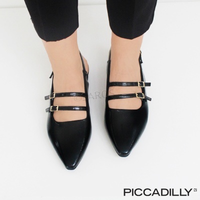 Sapatos pretos femininos de bico fino com duas tiras e fivelas douradas