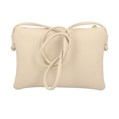 Mala pequena bege com alça fina e fecho de correr dourado