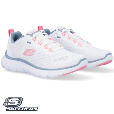 Ténis brancos Skechers com detalhes cor-de-rosa e cinzento