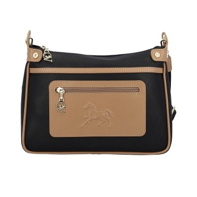 Mala de ombro preta com detalhes em castanho claro e relevo de cavalo