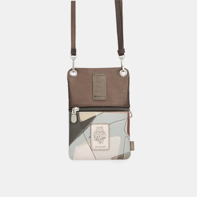 Bolsa pequena tiracolo castanha e padrão geométrico cinza bege