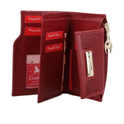 Carteira feminina vermelha com múltiplos compartimentos e fecho em zíper dourado