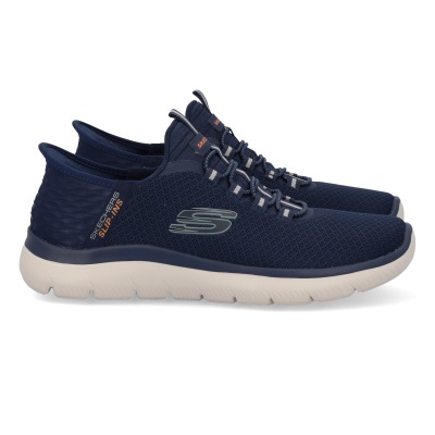Ténis Skechers slip-ins azuis com sola branca e logo lateral cinza