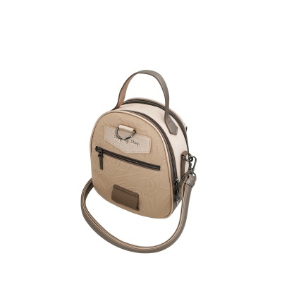 Mala pequena bege com alça castanha e fecho de correr preto