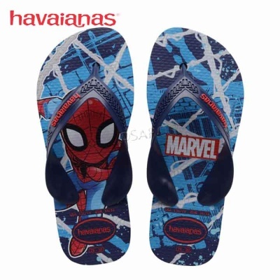 Chinelos havaianas Homem-Aranha com padrão azul, vermelho e preto.