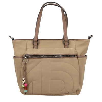 Mala de senhora bege com alças castanho-claras e bolso frontal com fecho e pendente