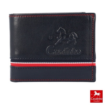 Carteira masculina preta com costuras vermelhas e logo Cavalinho