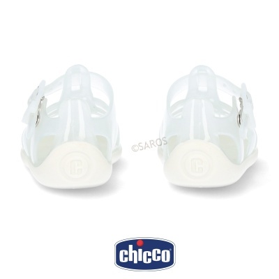 Sandálias de criança transparentes com fecho metálico e sola branca, marca Chicco