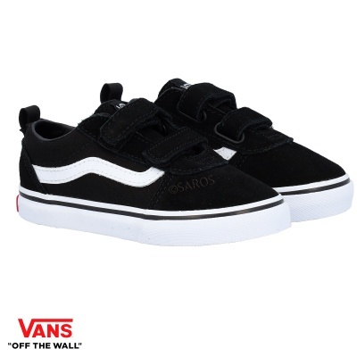 Ténis Vans pretos com risca lateral branca e fecho de velcro, soleta branca, logótipo Vans