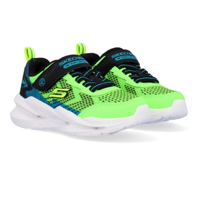 Ténis Skechers Verde fluorescente com detalhes em azul e preto e sola branca com luz