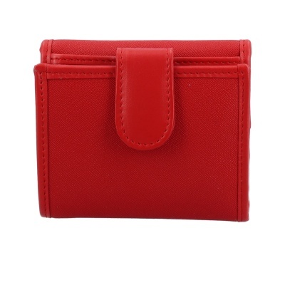 Carteira vermelha em tecido e couro sintético com fecho de aba
